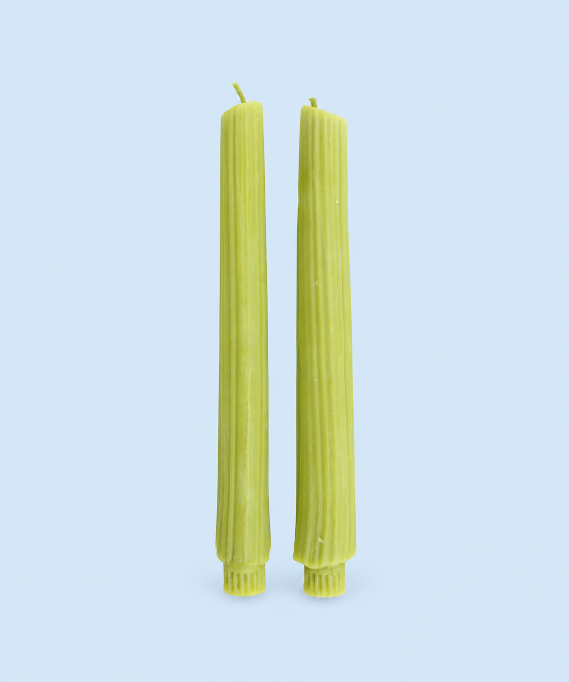 Green ribbed celery beeswax taper candles, set of 2, handmade in Los Angeles