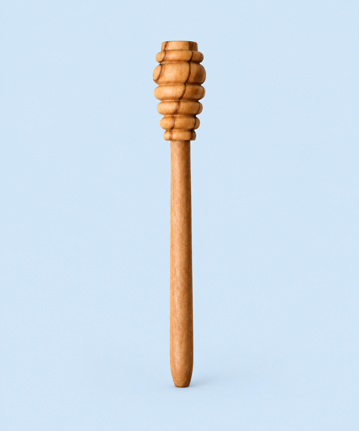 Olive wood honey dipper with deep grooves for drizzling raw honey