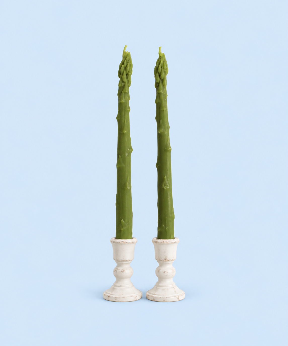 Pair of green asparagus beeswax taper candles from Market Mama
