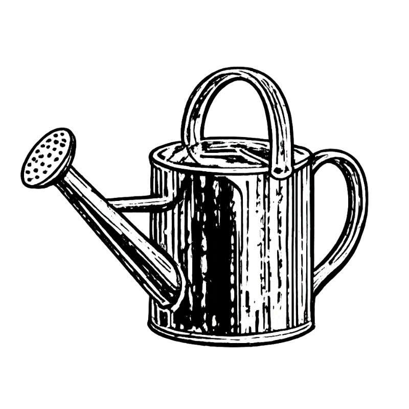 Black and white illustration of a watering can on a white background