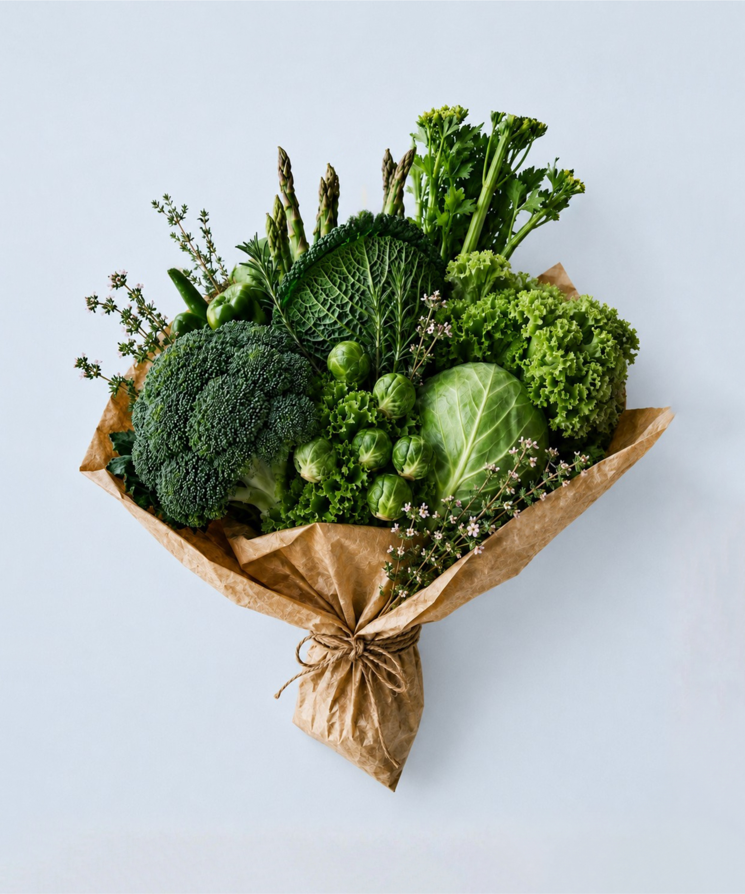 Bouquet of green vegetables wrapped in brown paper on a light blue background