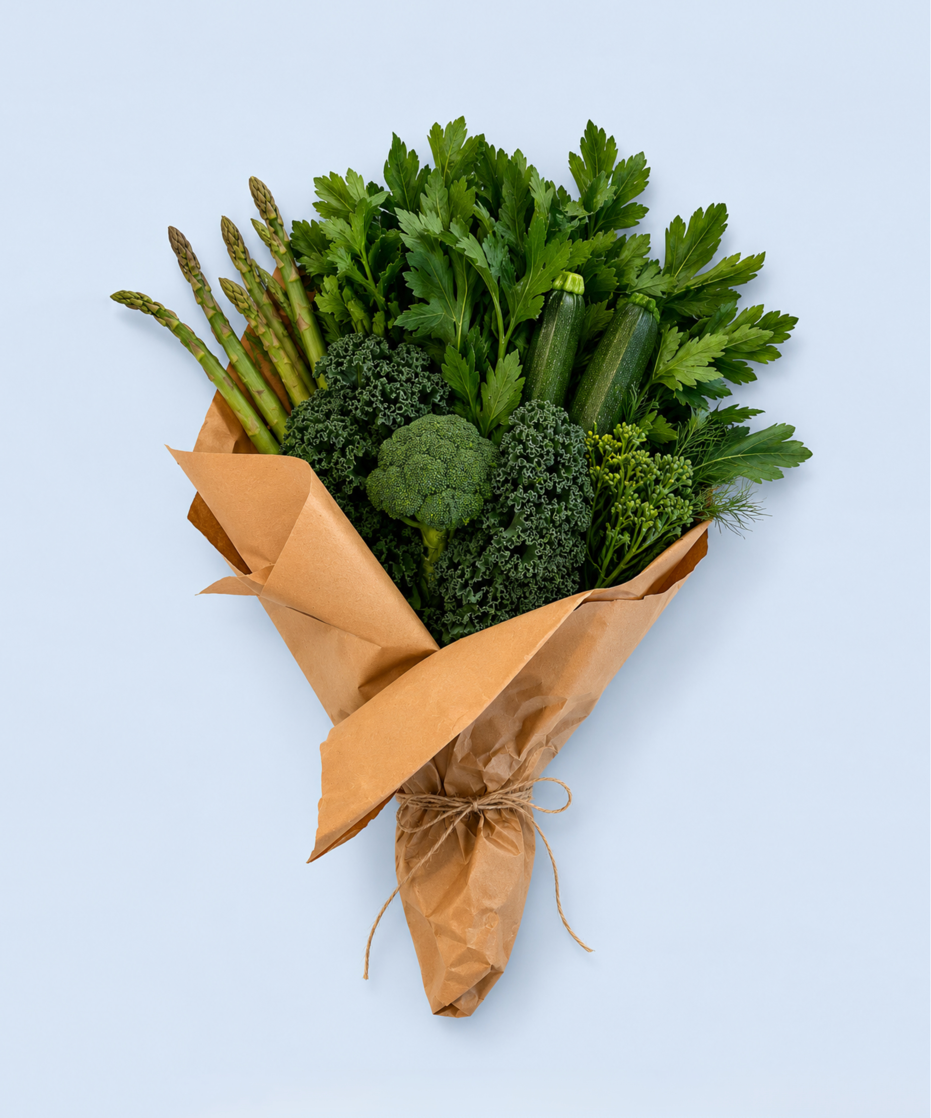 Bouquet of green vegetables wrapped in brown paper on a light blue background